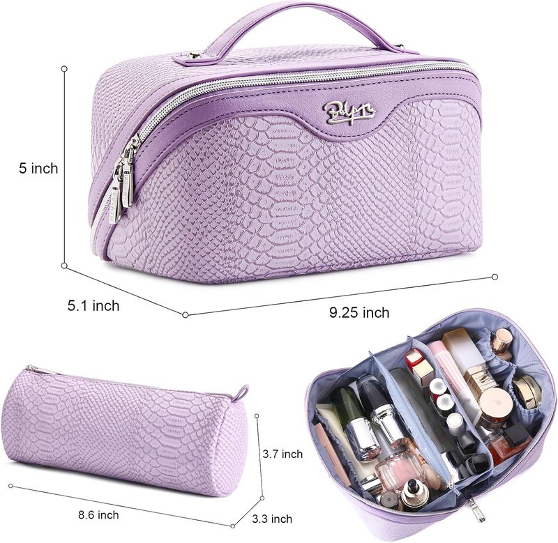 BOYATU Travel Makeup Bags for Women: 3 Pcs Set Wide Open Cosmetic Bag - Portable Make up Bags with Handle - Vegan Leather Toiletry Organizer Bag with Divider (G-01-Purple) - Image 2